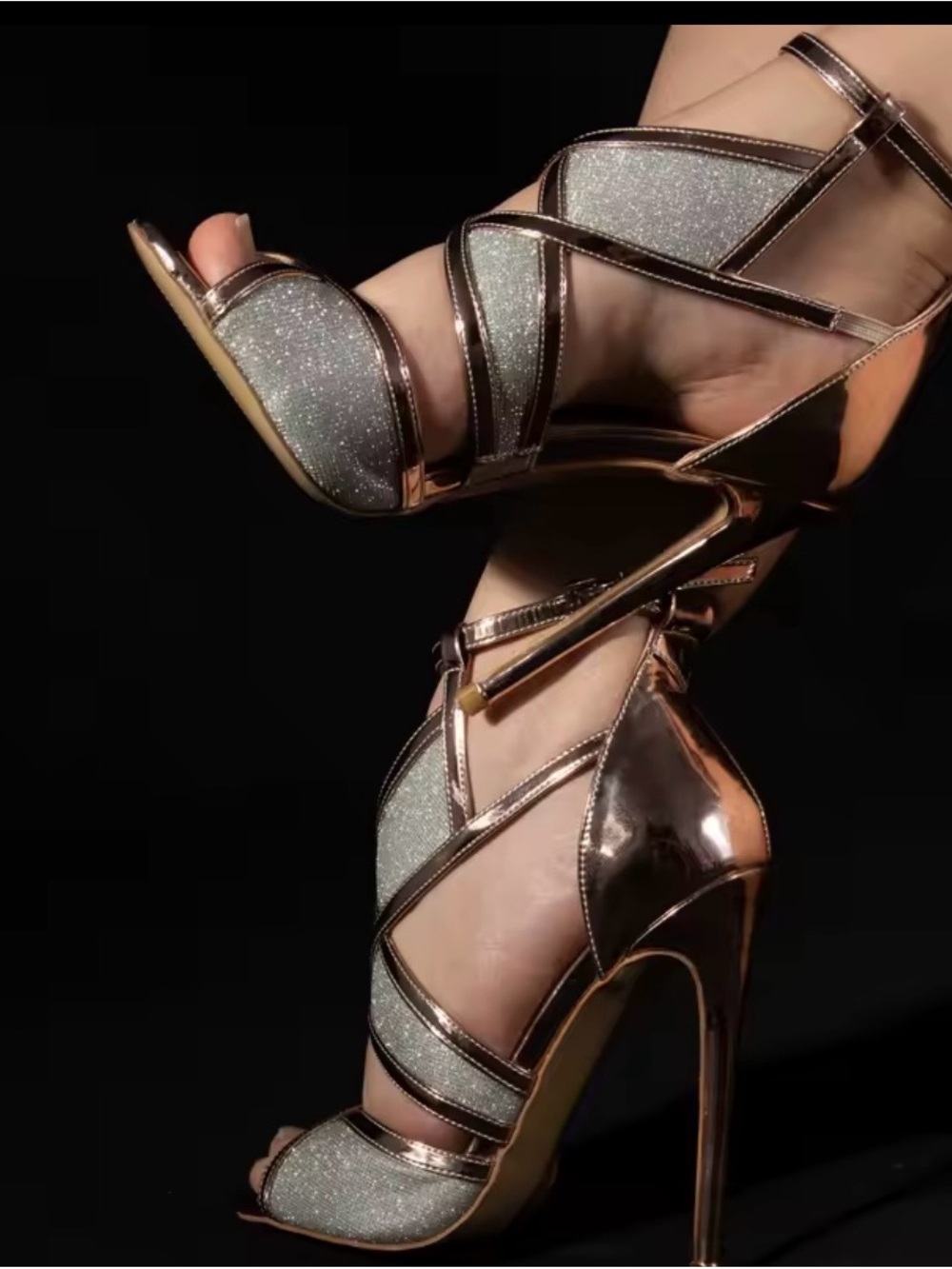 Rose Gold Metallic Strappy High Heel Sandals with Silver Glitter